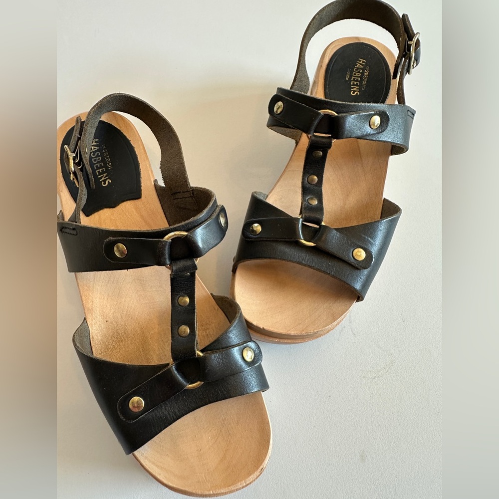 Swedish Hasbeens Black Leather Sandals with Gold Accents